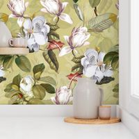 14" Lush Antique Magnolia Flowers - vintage home decor, antique wallpaper ,Magnolia Fabric - Flowers Fabric - Magnolia Wallpaper white on green double layer