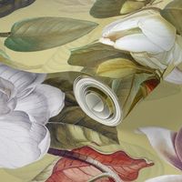 14" Lush Antique Magnolia Flowers - vintage home decor, antique wallpaper ,Magnolia Fabric - Flowers Fabric - Magnolia Wallpaper white on green double layer