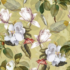 14" Lush Antique Magnolia Flowers - vintage home decor, antique wallpaper ,Magnolia Fabric - Flowers Fabric - Magnolia Wallpaper white on green double layer