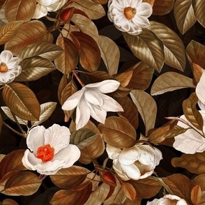 14" Lush Antique Magnolia Flowers - Magnolia Fabric - Flowers Fabric - Magnolia Wallpaper white and copper on black- double layer