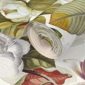 14" Lush Romantism Antique Magnolia Flowers - Vintage home decor, Nostalgic  magnolias wallpaper,antiqued Magnolia Fabric - Flowers Fabric - Magnolia Wallpaper white on white double layer