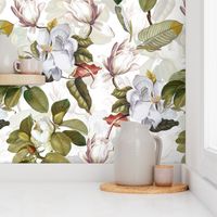 14" Lush Romantism Antique Magnolia Flowers - Vintage home decor, Nostalgic  magnolias wallpaper,antiqued Magnolia Fabric - Flowers Fabric - Magnolia Wallpaper white on white double layer