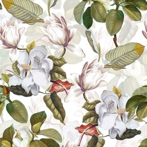 14" Lush Antique Magnolia Flowers - Vintage home decor, antique wallpaper,Magnolia Fabric - Flowers Fabric - Magnolia Wallpaper white on white double layer