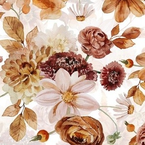 14" Colorful Watercolor Fall Flowers, Fall Fabric, Dahlia Fabric, double layer white