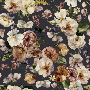 14" Colorful Watercolor Roses Poppies Flowers, Roses fabric, midsummer fabric, dark grey
