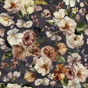 14" Colorful Watercolor Roses Poppies Flowers, Roses fabric, midsummer fabric, double layer dark grey