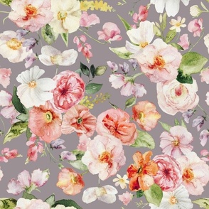 14" Colorful Watercolor Roses Poppies Flowers, Roses fabric, midsummer fabric, grey