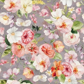 14" Colorful Watercolor Roses Poppies Flowers, Roses fabric, midsummer fabric, double layer grey
