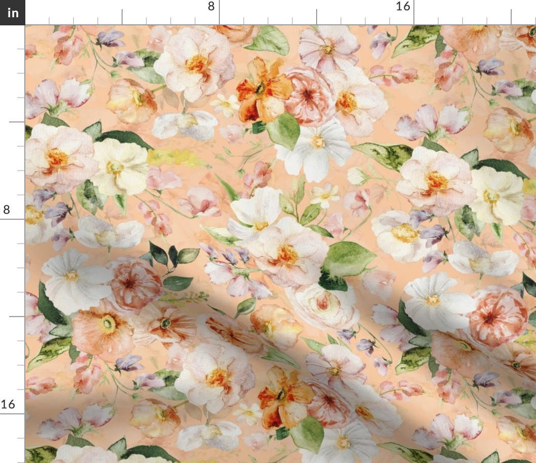 14" Colorful Watercolor Roses Poppies Flowers, Roses fabric, midsummer fabric, double layer orange