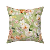 14" Colorful Watercolor Roses Poppies Flowers, Roses fabric, midsummer fabric, green