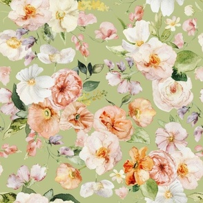 14" Colorful Watercolor Roses Poppies Flowers, Roses fabric, midsummer fabric, green