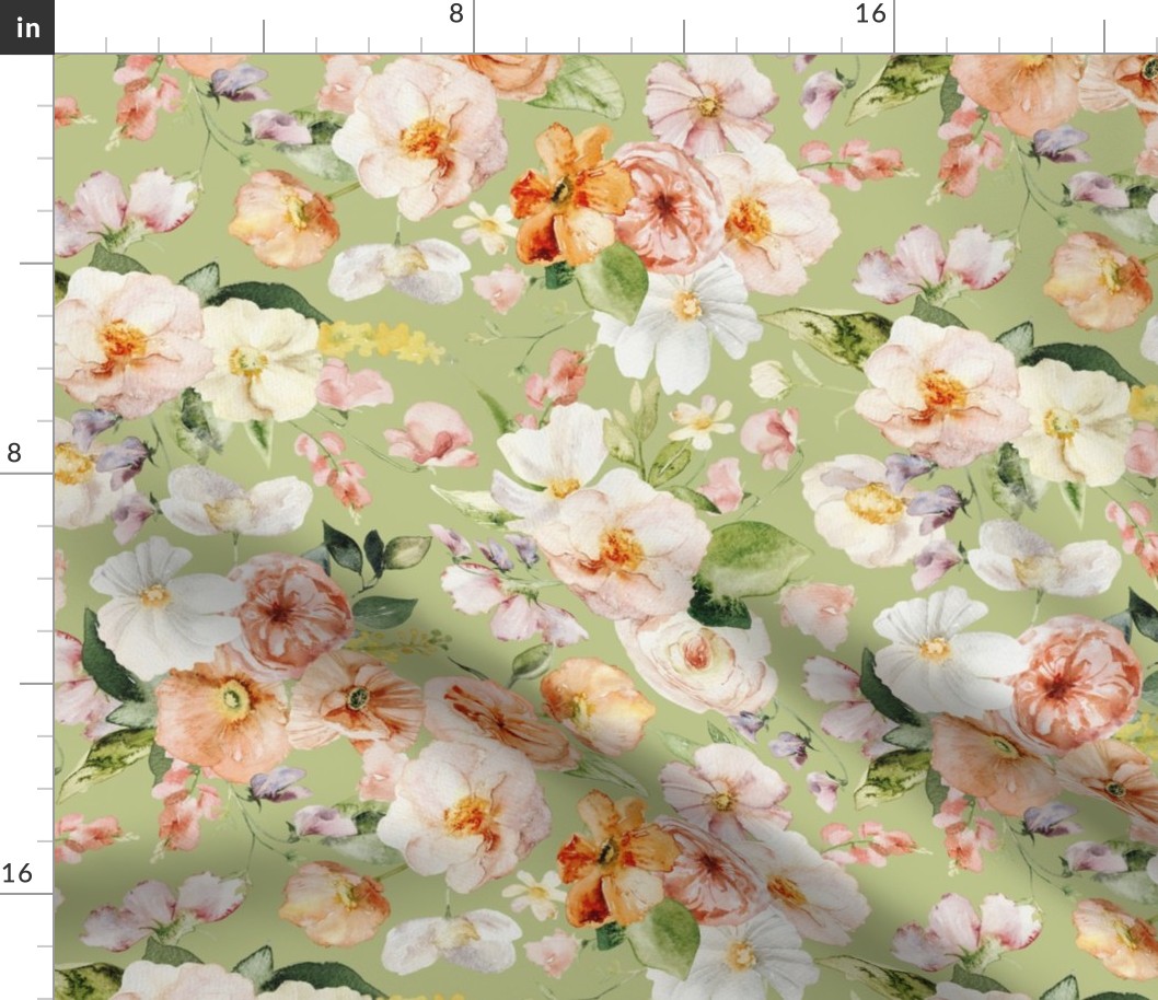 14" Colorful Watercolor Roses Poppies Flowers, Roses fabric, midsummer fabric, green