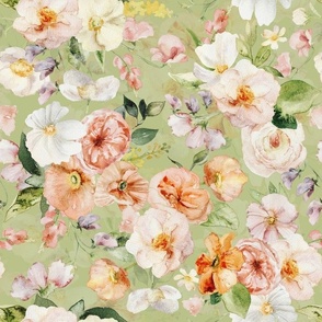 14" Colorful Watercolor Roses Poppies Flowers, Roses fabric, midsummer fabric, double layer green