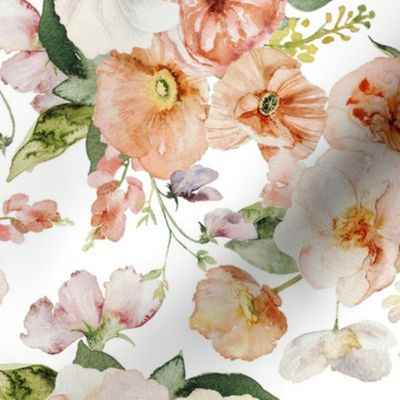 14" Colorful Watercolor Roses Poppies Flowers, Roses fabric, midsummer fabric, white