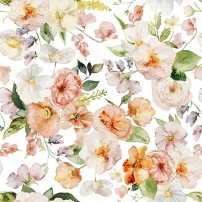14" Colorful Watercolor Roses Poppies Flowers, Roses fabric, midsummer fabric, white
