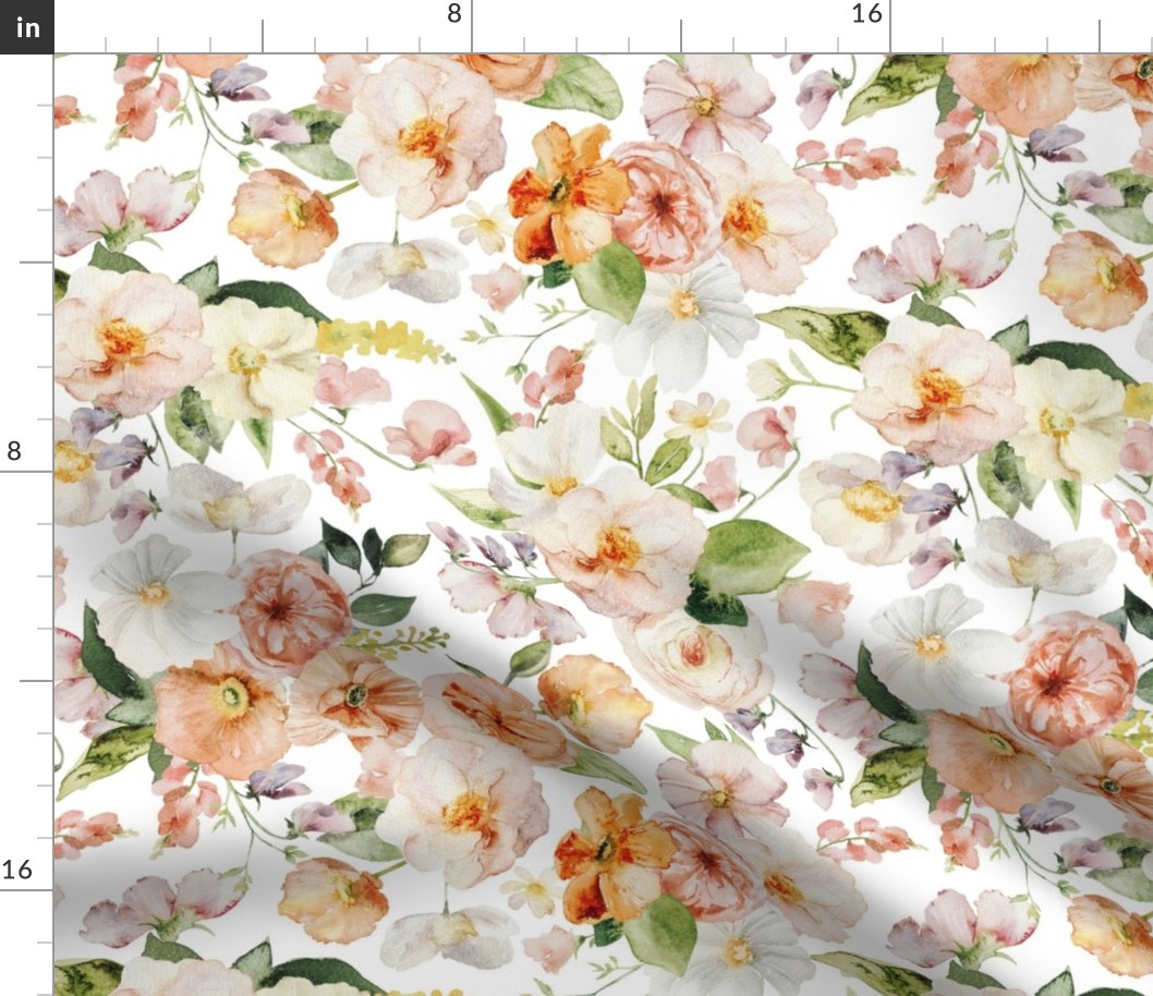 14" Colorful Watercolor Roses Poppies Flowers, Roses fabric, midsummer fabric, white