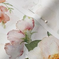 14" Colorful Watercolor Roses Poppies Flowers, Roses fabric, midsummer fabric, double layer white