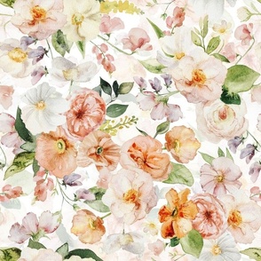 14" Colorful Watercolor Roses Poppies Flowers, Roses fabric, midsummer fabric, double layer white
