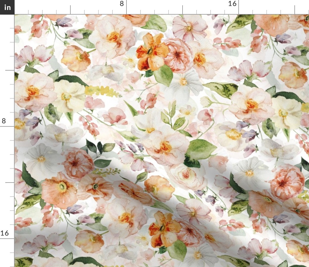 14" Colorful Watercolor Roses Poppies Flowers, Roses fabric, midsummer fabric, double layer white