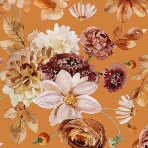 14" Colorful Watercolor Fall Flowers, Fall Fabric, Dahlia Fabric, single layer orange