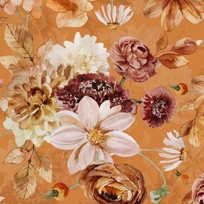 14" Colorful Watercolor Fall Flowers, Fall Fabric, Dahlia Fabric, double layer orange