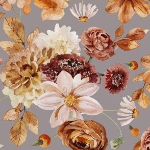 14" Colorful Watercolor Fall Flowers, Fall Fabric, Dahlia Fabric, single layer grey