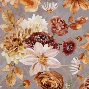 14" Colorful Watercolor Fall Flowers, Fall Fabric, Dahlia Fabric, double layer grey