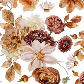 14" Colorful Watercolor Fall Flowers, Fall Fabric, Dahlia Fabric, single layer white