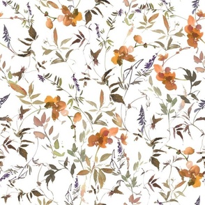 14" Brown Hand Painted Watercolor Winter Flowers, terracotta wildflowers and grasses fabric Pattern On White