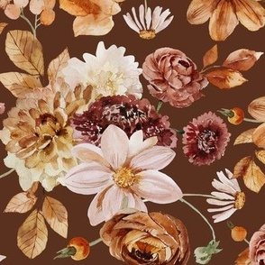 14" Colorful Watercolor Fall Flowers, Fall Fabric, Dahlia Fabric, single layer brown