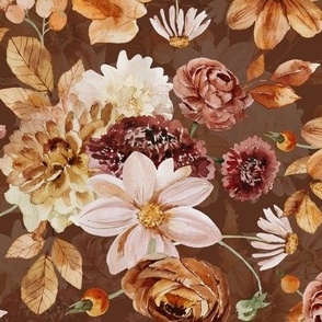 14" Colorful Watercolor Fall Flowers, Fall Fabric, Dahlia Fabric, double layer brown