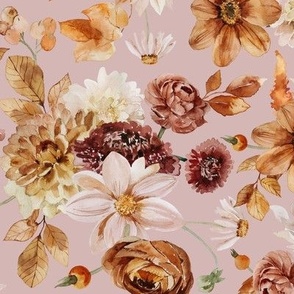 14" Colorful Watercolor Fall Flowers, Fall Fabric, Dahlia Fabric, single layer pink