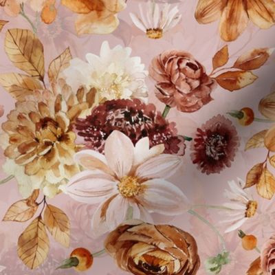 14" Colorful Watercolor Fall Flowers, Fall Fabric, Dahlia Fabric, double  layer pink