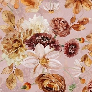 14" Colorful Watercolor Fall Flowers, Fall Fabric, Dahlia Fabric, double  layer pink