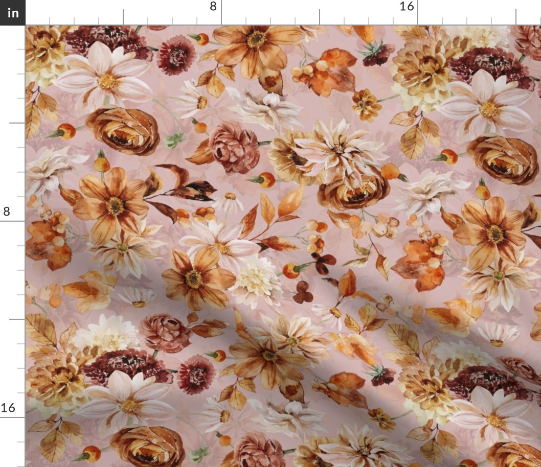 14" Colorful Watercolor Fall Flowers, Fall Fabric, Dahlia Fabric, double  layer pink