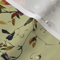 Autumn roses and wild garden florals and leaves, green