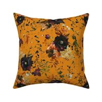 Autumn roses and wild garden florals and leaves, mustard yellow