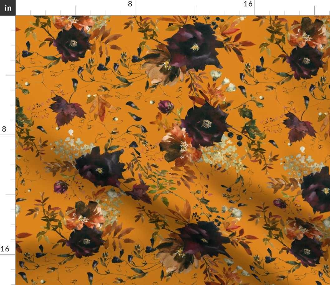 Autumn roses and wild garden florals and leaves, mustard yellow