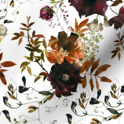 Autumn roses and wild garden florals and leaves, white