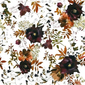 Autumn roses and wild garden florals and leaves, white