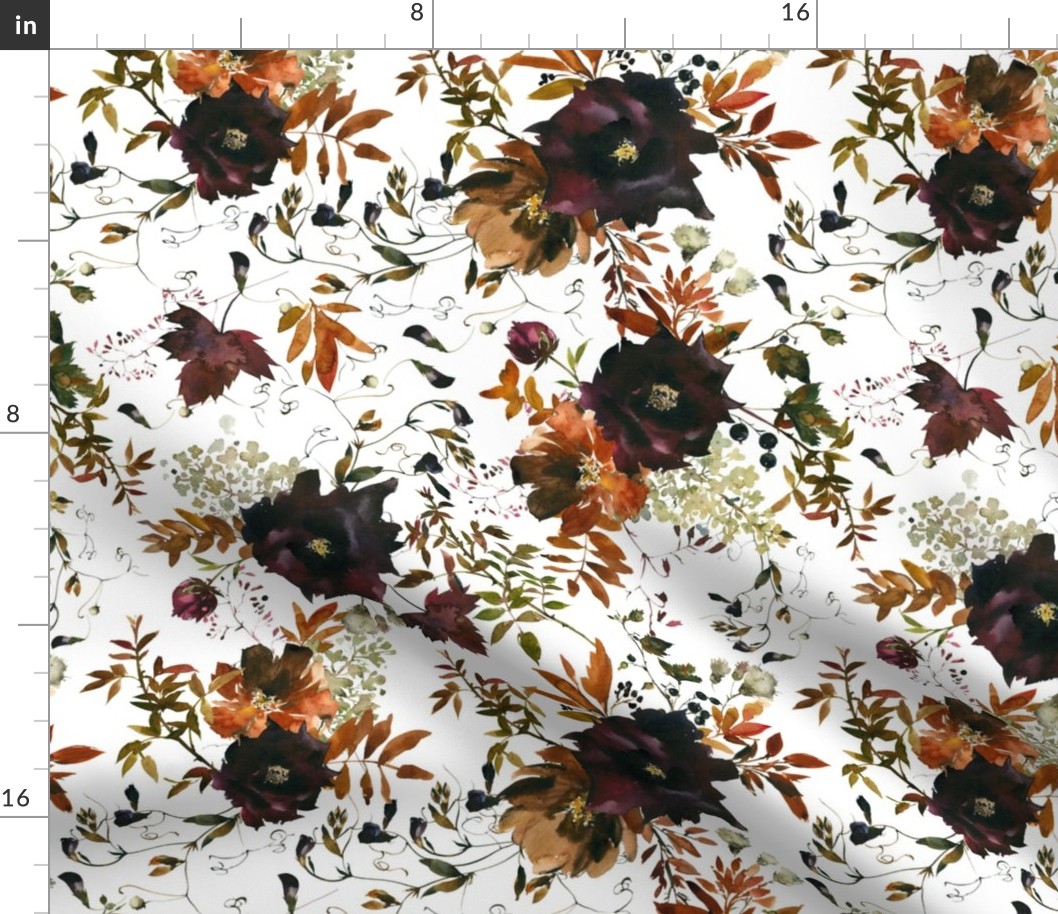 Autumn roses and wild garden florals and leaves, white