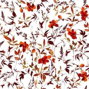 14"  red brown and blue Hand Painted Watercolor Winter Flowers,  wildflowers and grasses fabric Pattern On White