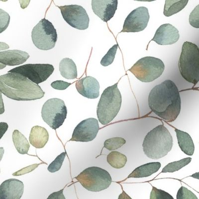 18" Green And Gold Hand Painted Watercolor Eucalyptus Leaf Pattern On White