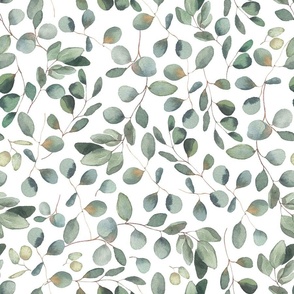 18" Green And Gold Hand Painted Watercolor Eucalyptus Leaf Pattern On White