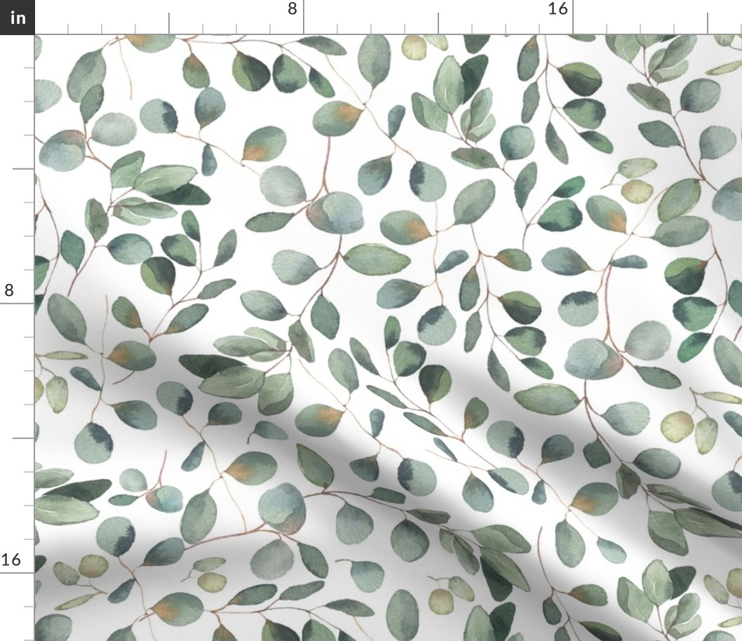 18" Green And Gold Hand Painted Watercolor Eucalyptus Leaf Pattern On White