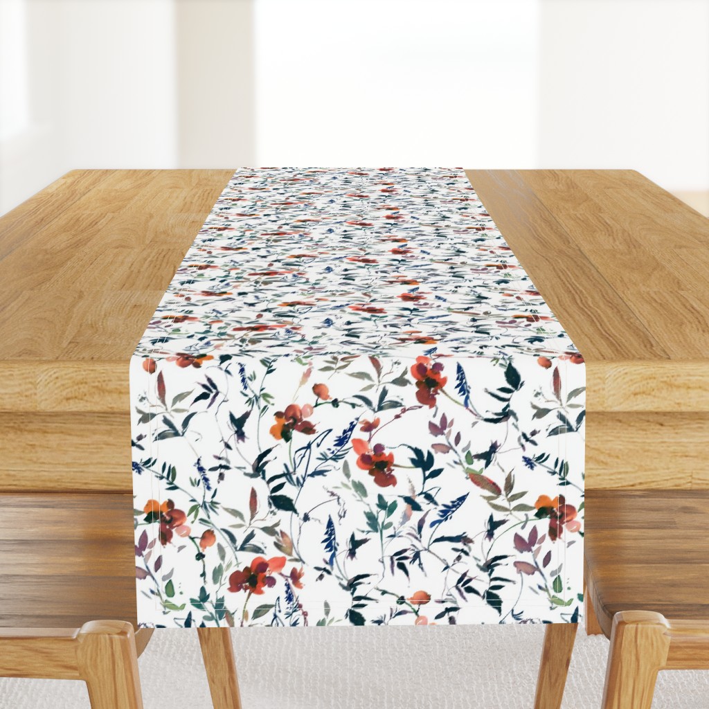 14"  blue and red Hand Painted Watercolor Winter Flowers,  wildflowers and grasses fabric Pattern On White