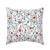 14"  blue and red Hand Painted Watercolor Winter Flowers,  wildflowers and grasses fabric Pattern On White