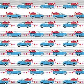 (extra small scale) blue vintage truck with hearts - valentines day - grey stripes C20BS