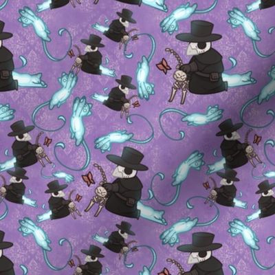 Adorable Plague doctor with cats on purple brocade tiny