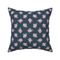 Small Scale Pink Roses on Navy with White Polkadots